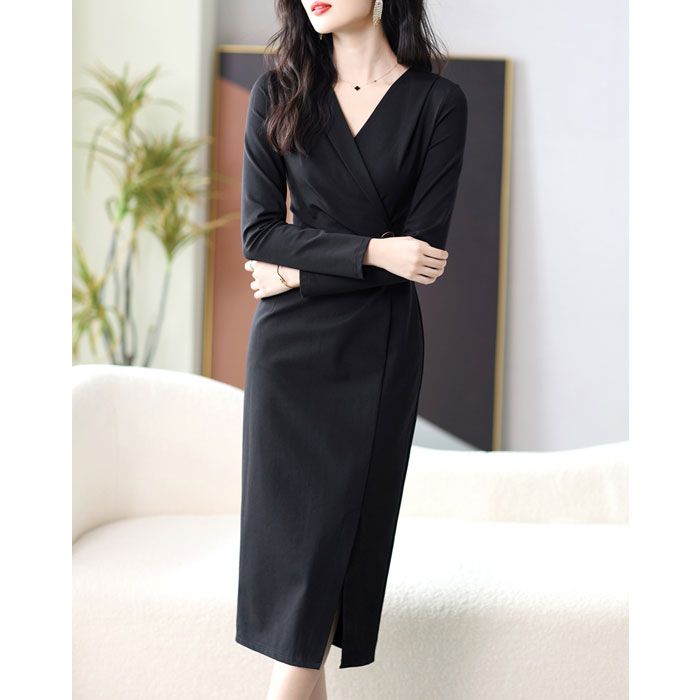 襟付きカシュクール ハイウエストボタン 長袖膝丈ワンピース 黒 発表会 結婚式 服 韓国 レディース パーティー 