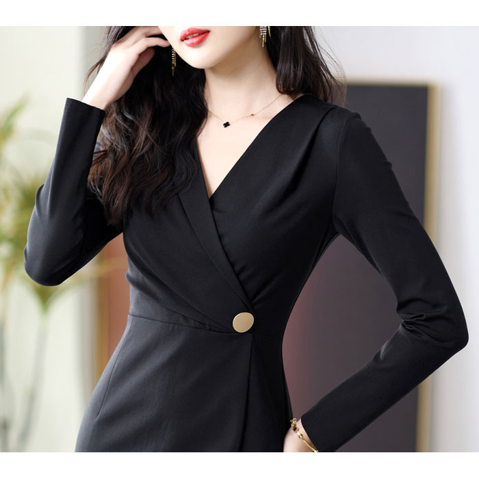 襟付きカシュクール ハイウエストボタン 長袖膝丈ワンピース 黒 発表会 結婚式 服 韓国 レディース パーティー 