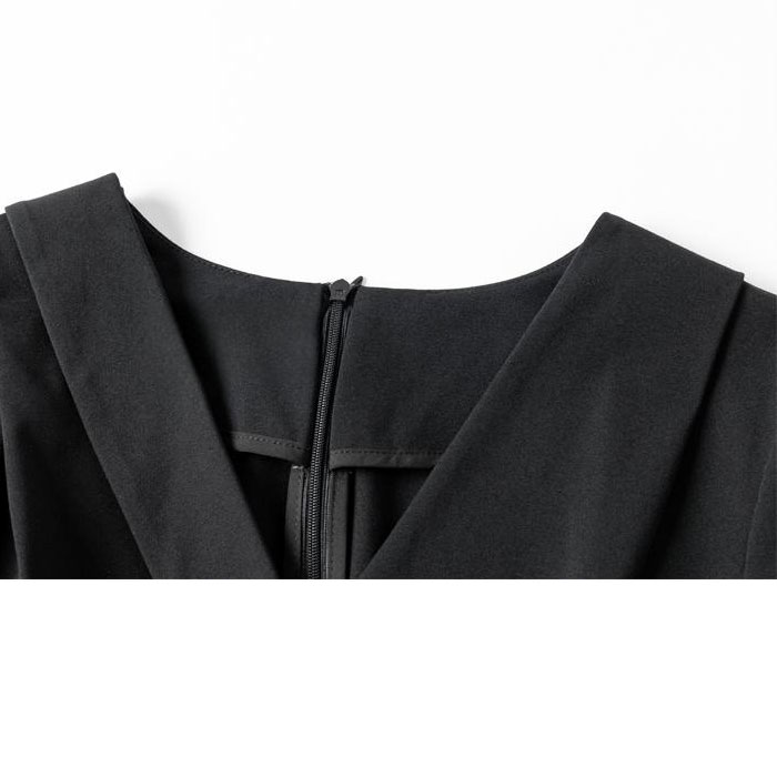 襟付きカシュクール ハイウエストボタン 長袖膝丈ワンピース 黒 発表会 結婚式 服 韓国 レディース パーティー 