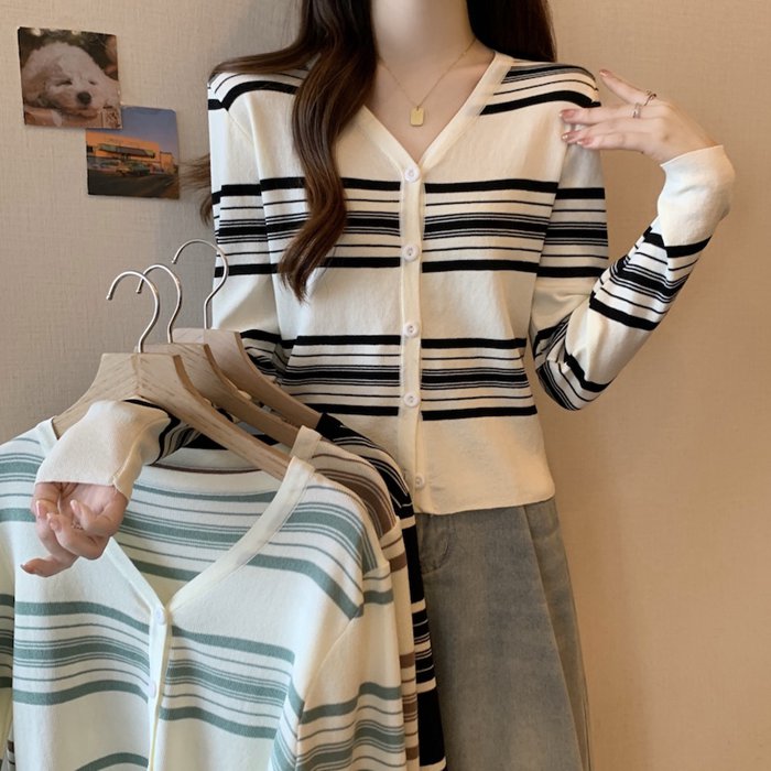 ニット カーディガン ボーダー レディース Vネック 配色 開襟 羽織り 薄手 シンプル ニット 長袖 冷房対策 春 秋 ストライプ トップス 