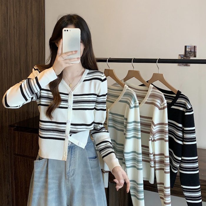 ニット カーディガン ボーダー レディース Vネック 配色 開襟 羽織り 薄手 シンプル ニット 長袖 冷房対策 春 秋 ストライプ トップス 