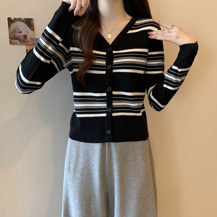 ニット カーディガン ボーダー レディース Vネック 配色 開襟 羽織り 薄手 シンプル ニット 長袖 冷房対策 春 秋 ストライプ トップス 