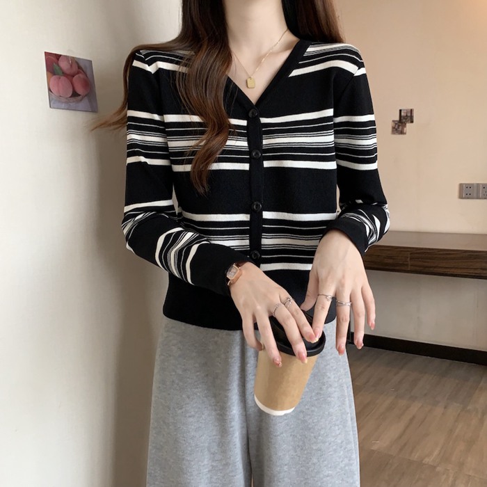ニット カーディガン ボーダー レディース Vネック 配色 開襟 羽織り 薄手 シンプル ニット 長袖 冷房対策 春 秋 ストライプ トップス 