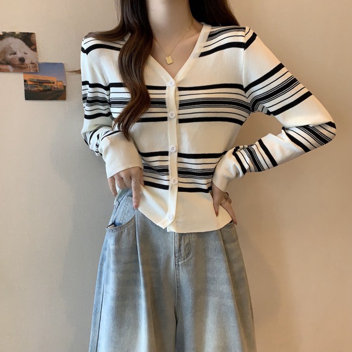 ニット カーディガン ボーダー レディース Vネック 配色 開襟 羽織り 薄手 シンプル ニット 長袖 冷房対策 春 秋 ストライプ トップス 