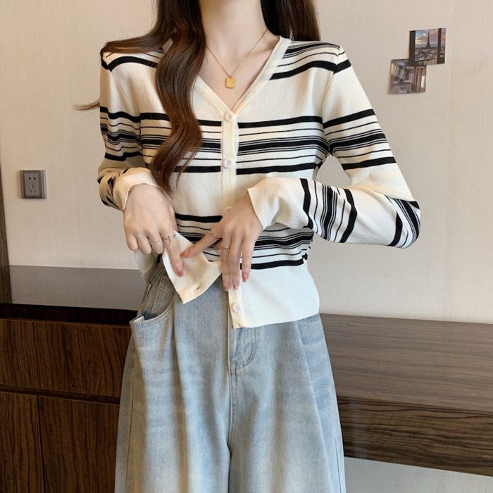 ニット カーディガン ボーダー レディース Vネック 配色 開襟 羽織り 薄手 シンプル ニット 長袖 冷房対策 春 秋 ストライプ トップス 