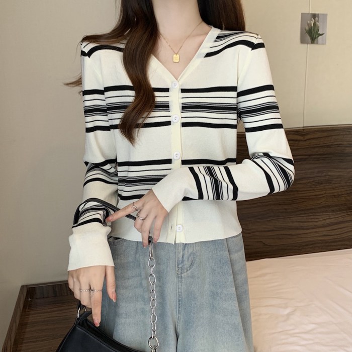 ニット カーディガン ボーダー レディース Vネック 配色 開襟 羽織り 薄手 シンプル ニット 長袖 冷房対策 春 秋 ストライプ トップス 