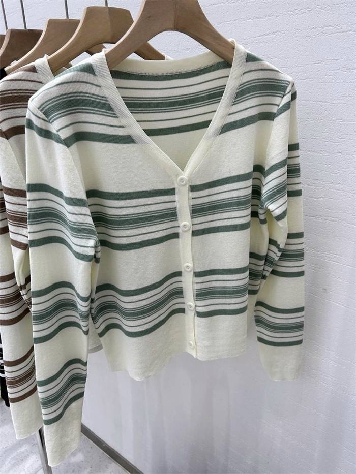 ニット カーディガン ボーダー レディース Vネック 配色 開襟 羽織り 薄手 シンプル ニット 長袖 冷房対策 春 秋 ストライプ トップス 