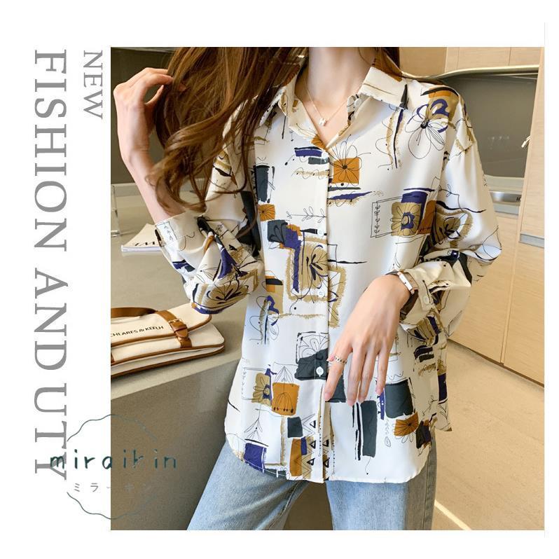 ブラウス レディース 長袖 韓国風 柄シャツ レディース シフォンブラウス 春夏トップス シャツカーディガンおしゃれ メンズライク プリントシャツ 20代30代韓国 