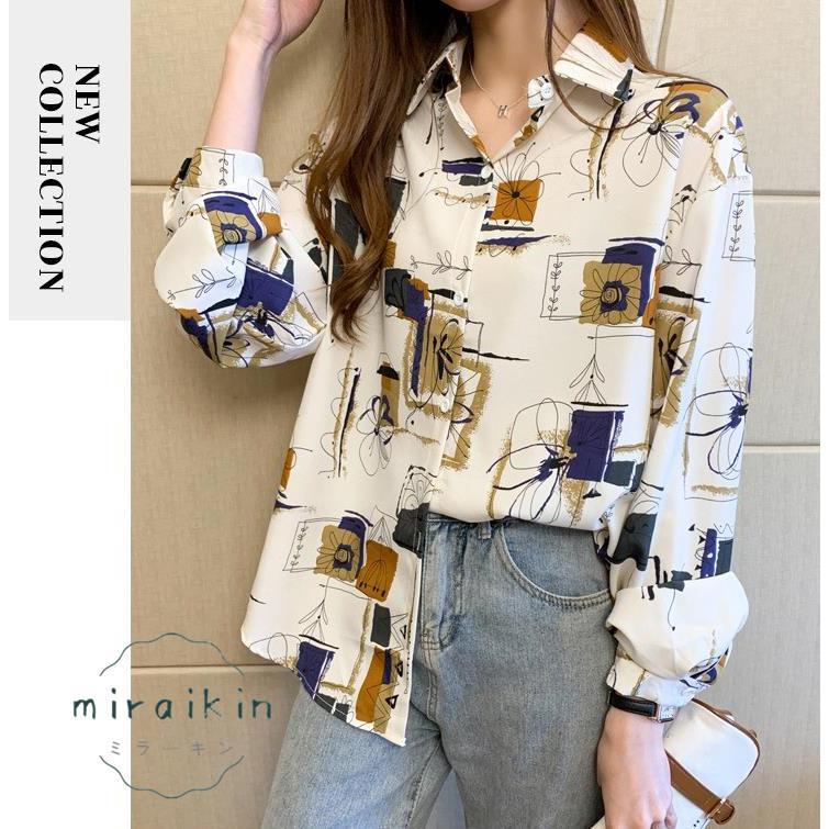 ブラウス レディース 長袖 韓国風 柄シャツ レディース シフォンブラウス 春夏トップス シャツカーディガンおしゃれ メンズライク プリントシャツ 20代30代韓国 