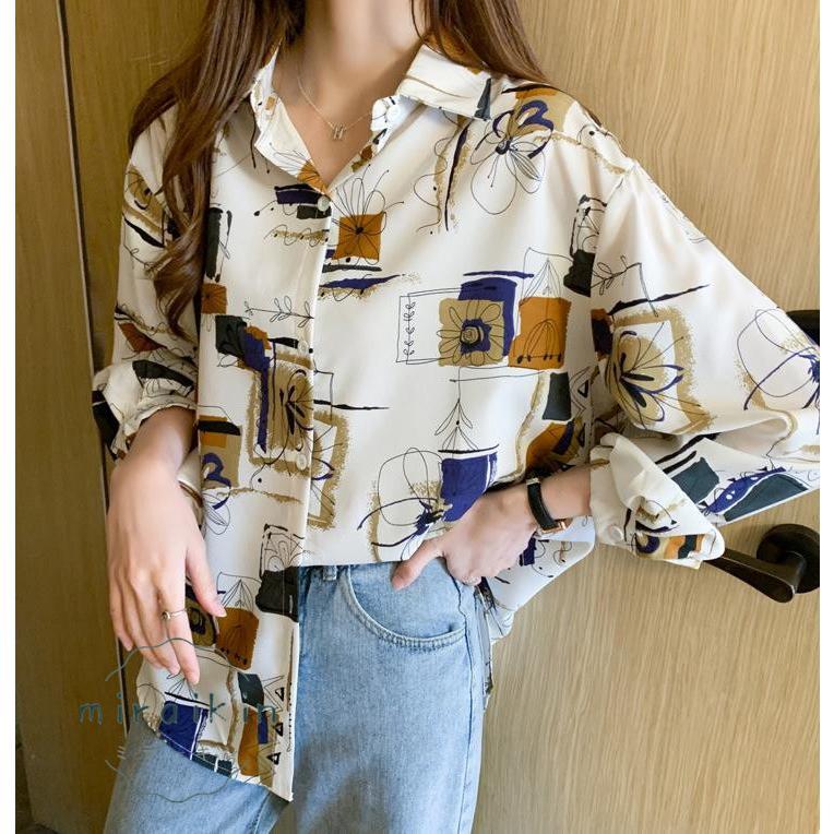 ブラウス レディース 長袖 韓国風 柄シャツ レディース シフォンブラウス 春夏トップス シャツカーディガンおしゃれ メンズライク プリントシャツ 20代30代韓国 