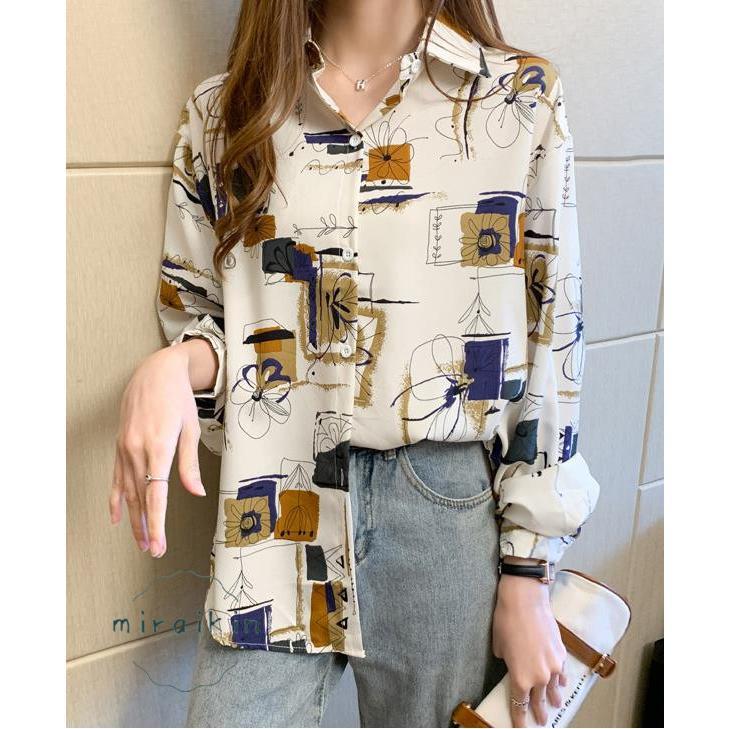 ブラウス レディース 長袖 韓国風 柄シャツ レディース シフォンブラウス 春夏トップス シャツカーディガンおしゃれ メンズライク プリントシャツ 20代30代韓国 