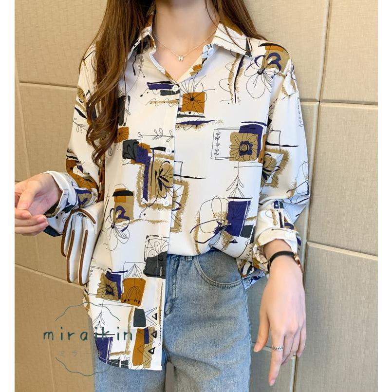 ブラウス レディース 長袖 韓国風 柄シャツ レディース シフォンブラウス 春夏トップス シャツカーディガンおしゃれ メンズライク プリントシャツ 20代30代韓国 
