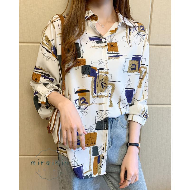ブラウス レディース 長袖 韓国風 柄シャツ レディース シフォンブラウス 春夏トップス シャツカーディガンおしゃれ メンズライク プリントシャツ 20代30代韓国 