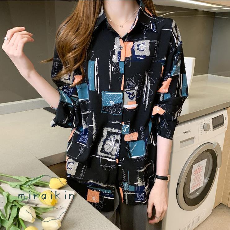 ブラウス レディース 長袖 韓国風 柄シャツ レディース シフォンブラウス 春夏トップス シャツカーディガンおしゃれ メンズライク プリントシャツ 20代30代韓国 