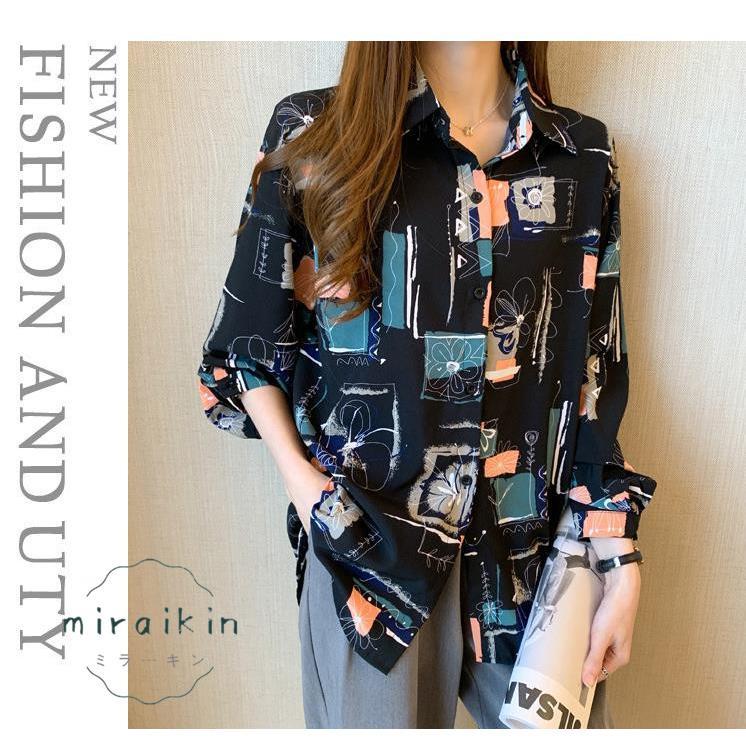 ブラウス レディース 長袖 韓国風 柄シャツ レディース シフォンブラウス 春夏トップス シャツカーディガンおしゃれ メンズライク プリントシャツ 20代30代韓国 