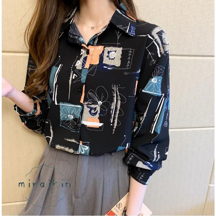 ブラウス レディース 長袖 韓国風 柄シャツ レディース シフォンブラウス 春夏トップス シャツカーディガンおしゃれ メンズライク プリントシャツ 20代30代韓国 