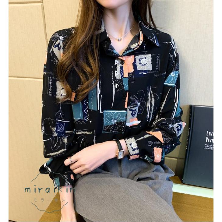 ブラウス レディース 長袖 韓国風 柄シャツ レディース シフォンブラウス 春夏トップス シャツカーディガンおしゃれ メンズライク プリントシャツ 20代30代韓国 