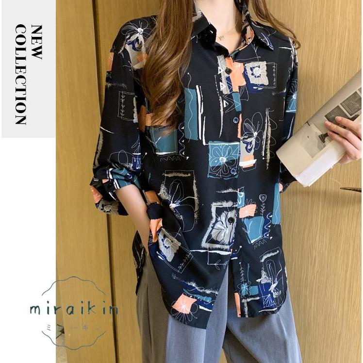 ブラウス レディース 長袖 韓国風 柄シャツ レディース シフォンブラウス 春夏トップス シャツカーディガンおしゃれ メンズライク プリントシャツ 20代30代韓国 