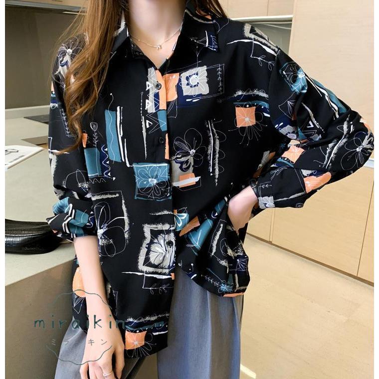 ブラウス レディース 長袖 韓国風 柄シャツ レディース シフォンブラウス 春夏トップス シャツカーディガンおしゃれ メンズライク プリントシャツ 20代30代韓国 