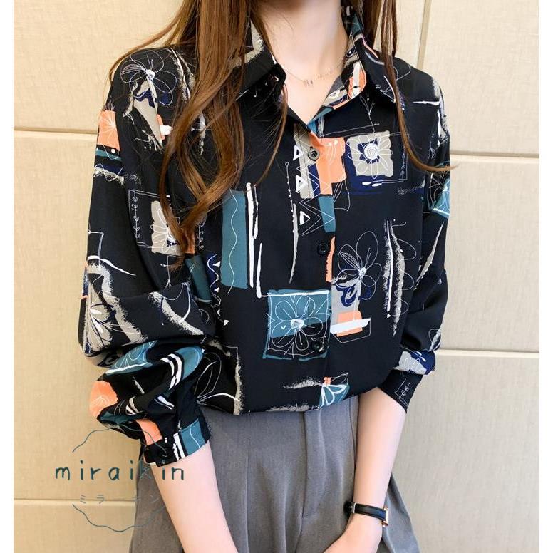 ブラウス レディース 長袖 韓国風 柄シャツ レディース シフォンブラウス 春夏トップス シャツカーディガンおしゃれ メンズライク プリントシャツ 20代30代韓国 
