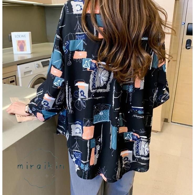 ブラウス レディース 長袖 韓国風 柄シャツ レディース シフォンブラウス 春夏トップス シャツカーディガンおしゃれ メンズライク プリントシャツ 20代30代韓国 