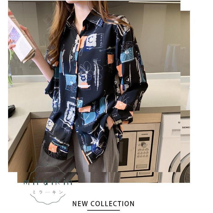 ブラウス レディース 長袖 韓国風 柄シャツ レディース シフォンブラウス 春夏トップス シャツカーディガンおしゃれ メンズライク プリントシャツ 20代30代韓国 