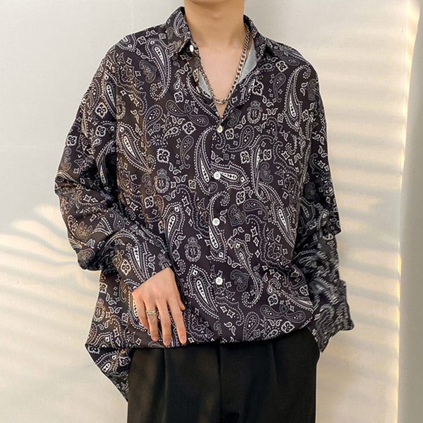 あり 柄シャツ ペイズリー柄 長袖シャツ バンダナ柄 プリント 春服秋服 個性的 衣装 韓国 トップス シャツ 黒 ダンス 白 ヒップホップ 大きいサイズ 