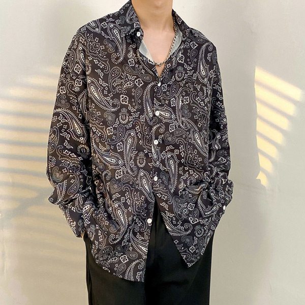 あり 柄シャツ ペイズリー柄 長袖シャツ バンダナ柄 プリント 春服秋服 個性的 衣装 韓国 トップス シャツ 黒 ダンス 白 ヒップホップ 大きいサイズ 