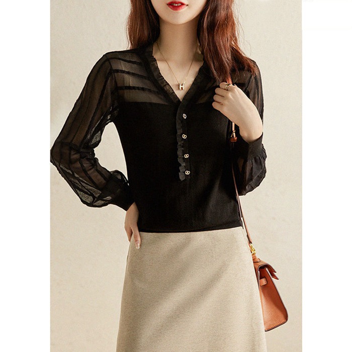 ニットトップス レディース シースルー ニット 長袖 Vネック トップス カジュアル ファッション 春 秋 通勤 おしゃれ 女性 かわいい 無地 