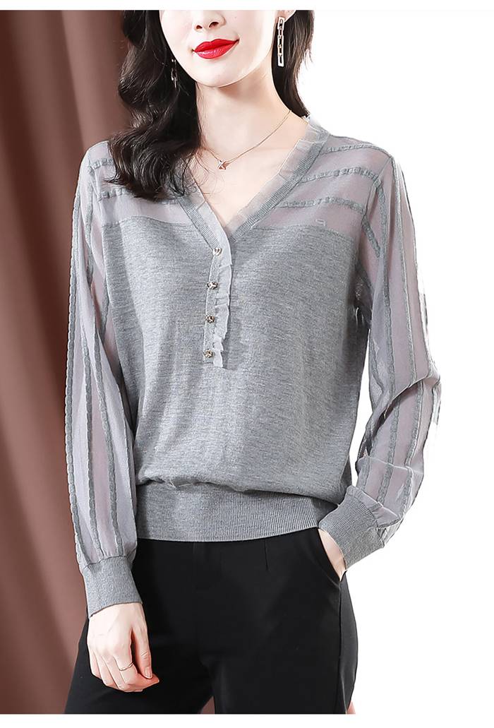 ニットトップス レディース シースルー ニット 長袖 Vネック トップス カジュアル ファッション 春 秋 通勤 おしゃれ 女性 かわいい 無地 