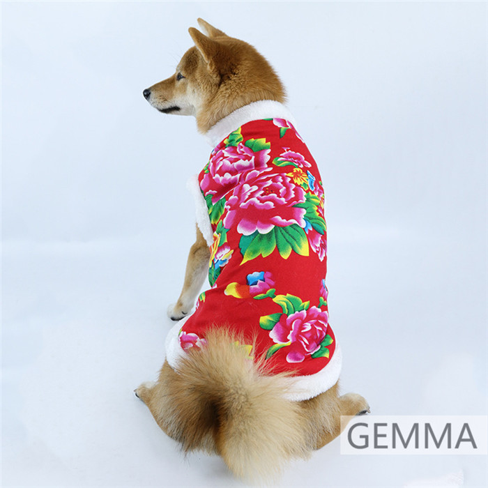 犬服 チャイナ東北風 花柄 グリーン レッド ドッグウェア 犬の服 猫服 春節 小中型犬 ペットウェア 暖かい 可愛い いぬ 