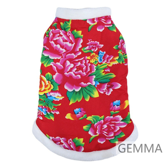 犬服 チャイナ東北風 花柄 グリーン レッド ドッグウェア 犬の服 猫服 春節 小中型犬 ペットウェア 暖かい 可愛い いぬ 