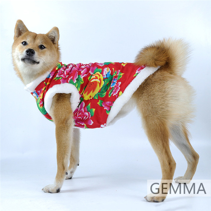 犬服 チャイナ東北風 花柄 グリーン レッド ドッグウェア 犬の服 猫服 春節 小中型犬 ペットウェア 暖かい 可愛い いぬ 