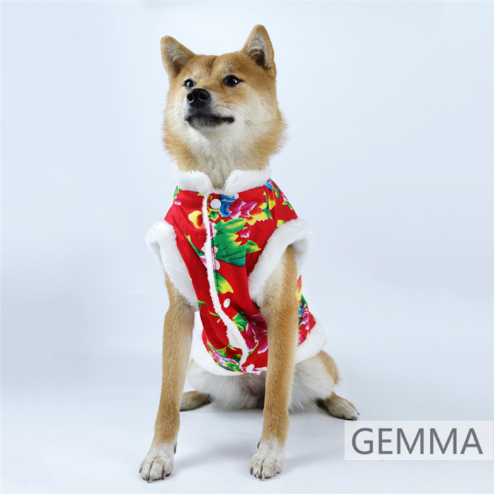 犬服 チャイナ東北風 花柄 グリーン レッド ドッグウェア 犬の服 猫服 春節 小中型犬 ペットウェア 暖かい 可愛い いぬ 