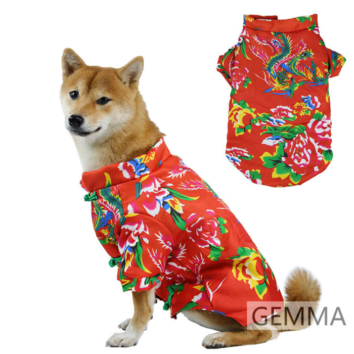 犬服 チャイナ東北風 花柄 グリーン レッド ドッグウェア 犬の服 猫服 春節 小中型犬 ペットウェア 暖かい 可愛い いぬ 