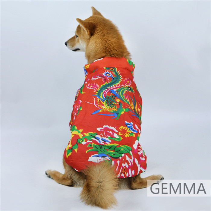 犬服 チャイナ東北風 花柄 グリーン レッド ドッグウェア 犬の服 猫服 春節 小中型犬 ペットウェア 暖かい 可愛い いぬ 