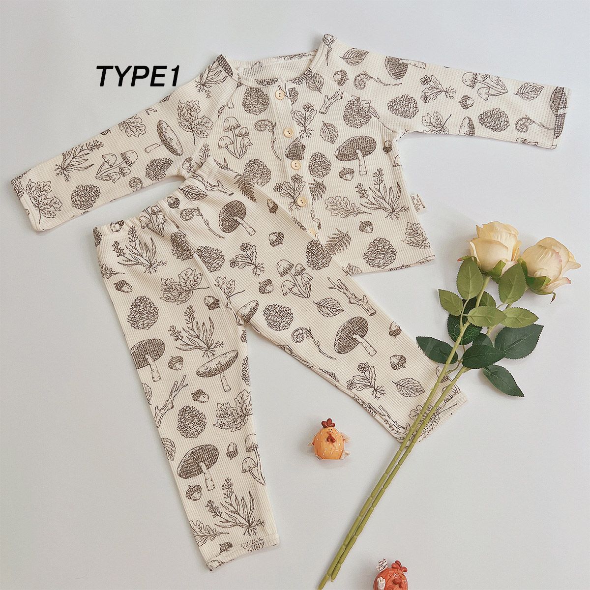 キッズ パジャマ セットアップ 上下セット ワッフル 総柄 ナイトウェア 女の子 2点セット プリント 長袖 男の子 ベビー 子供服 パジャマ ベビー服 部屋着 こども