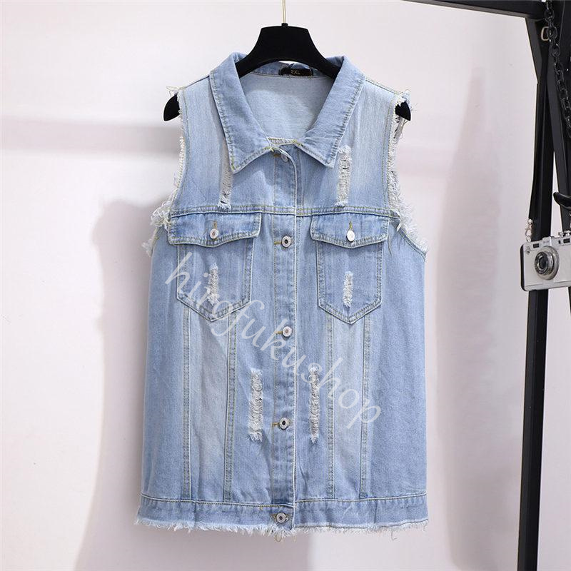 デニムベスト レディース ジレ 前開き 春夏 アウター ダメージ加工 カジュアル 大きいサイズ ノースリーブ トップス ゆったり デニム シンプル 