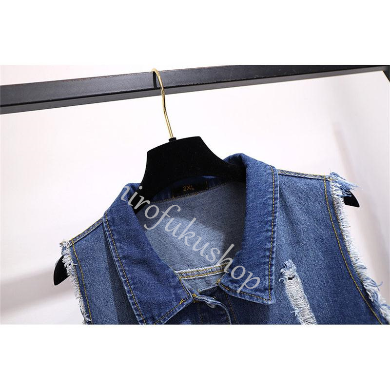 デニムベスト レディース ジレ 前開き 春夏 アウター ダメージ加工 カジュアル 大きいサイズ ノースリーブ トップス ゆったり デニム シンプル 