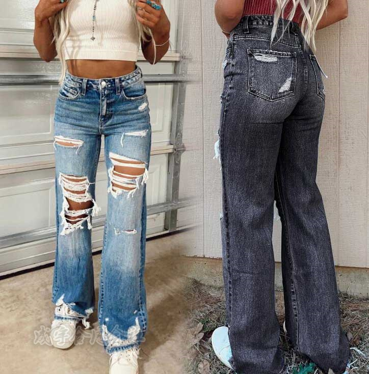 レディース ダメージ デニムパンツ ストレート パンツ ズボン 夏 カジュアル ロングパンツ 大人可愛い20代 女性 30代 ジーンズ 秋 40代 お洒落 春 