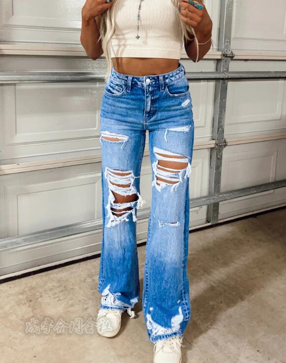 レディース ダメージ デニムパンツ ストレート パンツ ズボン 夏 カジュアル ロングパンツ 大人可愛い20代 女性 30代 ジーンズ 秋 40代 お洒落 春 