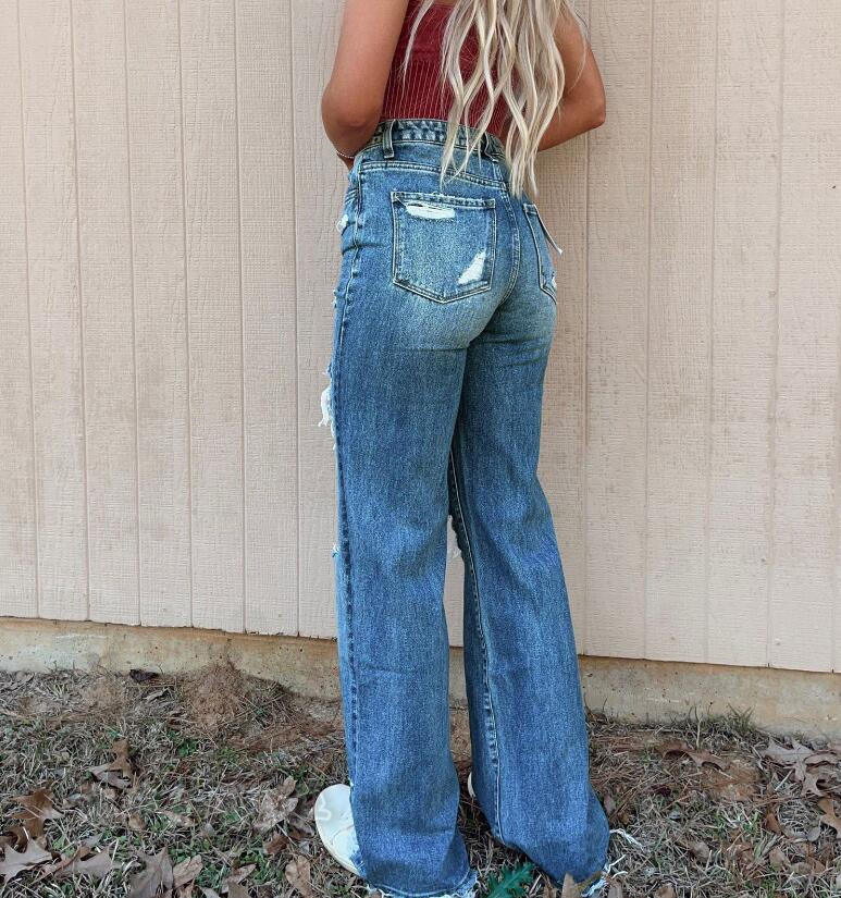 レディース ダメージ デニムパンツ ストレート パンツ ズボン 夏 カジュアル ロングパンツ 大人可愛い20代 女性 30代 ジーンズ 秋 40代 お洒落 春 