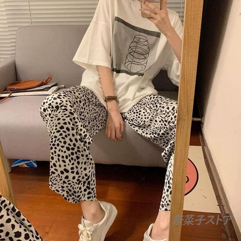 レディース ワイドパンツ 10代 20代 30代 40代 柄 ロング 60代 綿 レオパード コットン ロングパンツ 体型カバー ゆったり 50代 