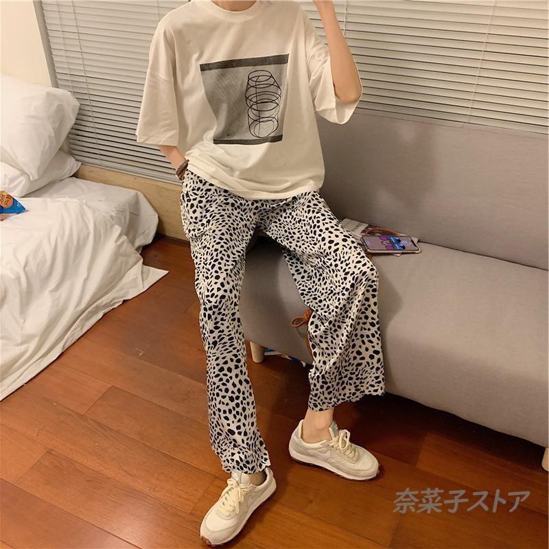レディース ワイドパンツ 10代 20代 30代 40代 柄 ロング 60代 綿 レオパード コットン ロングパンツ 体型カバー ゆったり 50代 