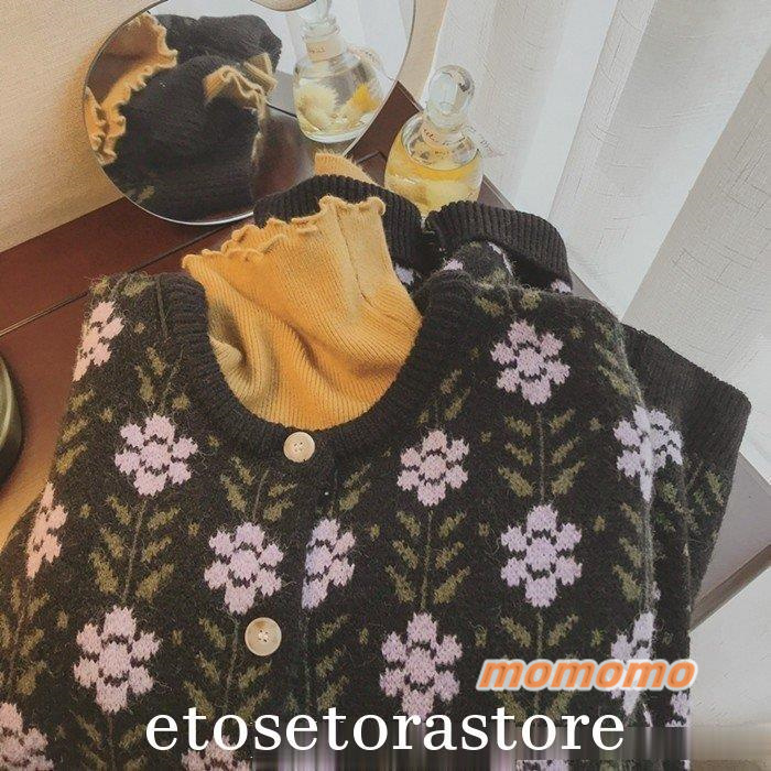 カーディガンVネックニットカーディガン花柄レディースセーター秋冬花柄セーターゆったり長袖レトロ可愛いカジュアル通勤40代厚手  