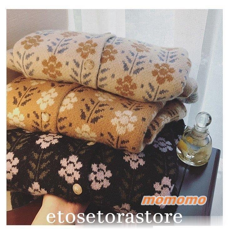 カーディガンVネックニットカーディガン花柄レディースセーター秋冬花柄セーターゆったり長袖レトロ可愛いカジュアル通勤40代厚手  