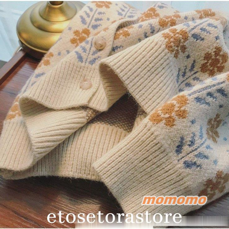 カーディガンVネックニットカーディガン花柄レディースセーター秋冬花柄セーターゆったり長袖レトロ可愛いカジュアル通勤40代厚手  