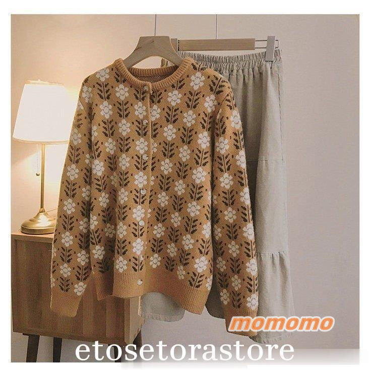カーディガンVネックニットカーディガン花柄レディースセーター秋冬花柄セーターゆったり長袖レトロ可愛いカジュアル通勤40代厚手  