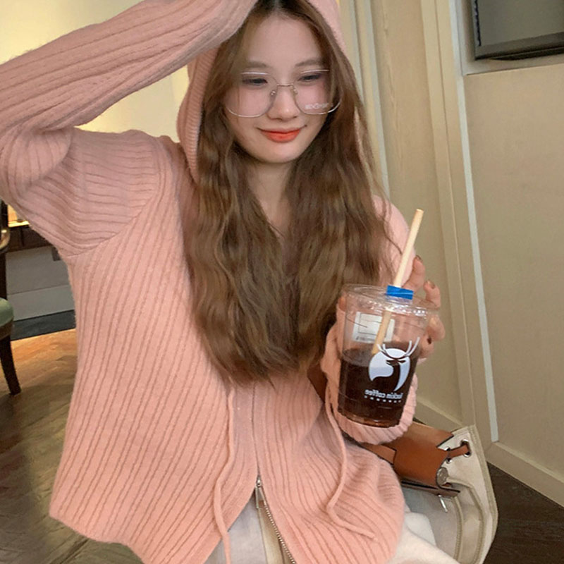 ニット レディース カーディガン トップス 長袖 フード付き おしゃれ カジュアル シンプル ゆったり 春秋コーデ ジップアップ 