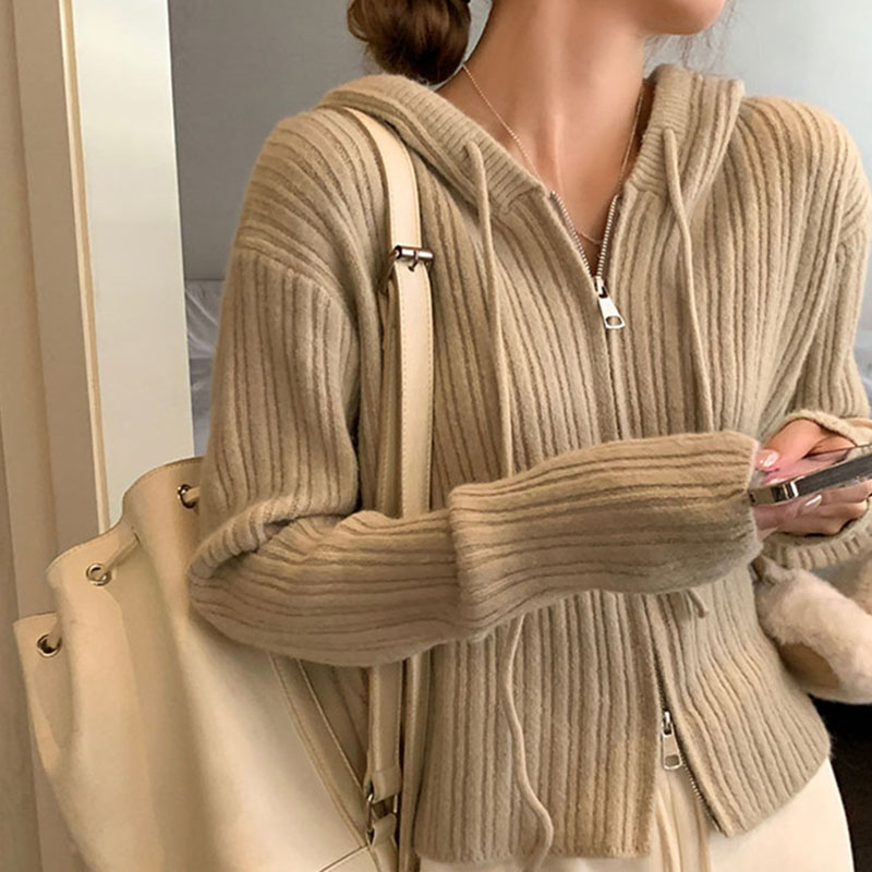 ニット レディース カーディガン トップス 長袖 フード付き おしゃれ カジュアル シンプル ゆったり 春秋コーデ ジップアップ 
